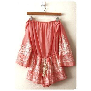 * Sage Pink Embroidered Off The Shoulder Romper